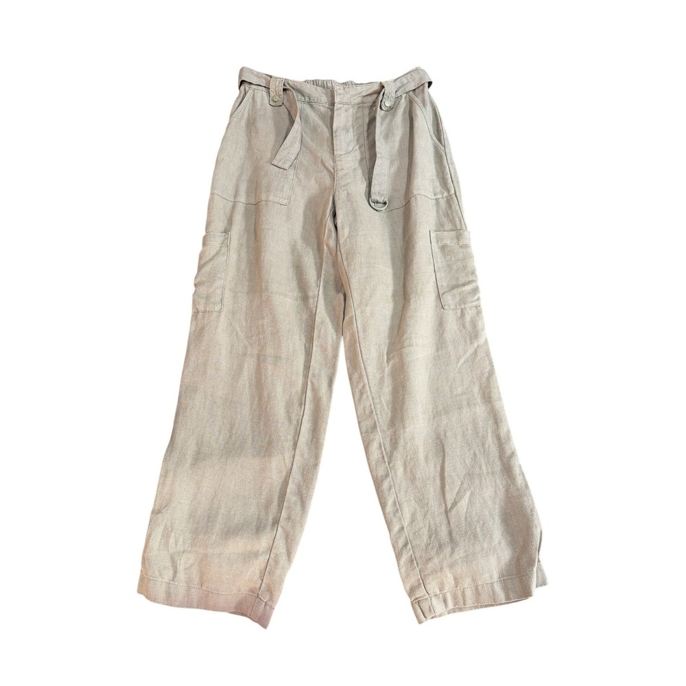 Nicole Miller New York 100% Linen Cargo Pants Wide Leg Green Khaki Womens Medium